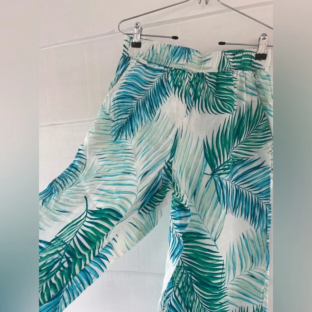 Tahari Womens 100% Linen Tropical Leaf Print Wide Leg Crop Pants Boho Beach S